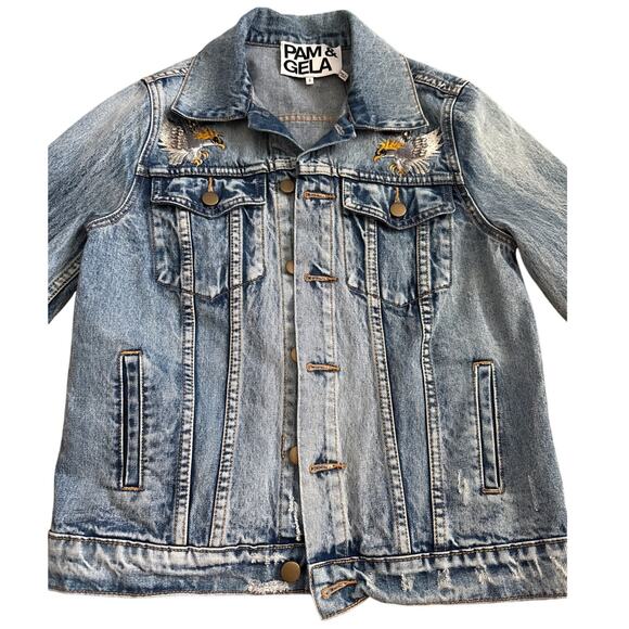 PAM & GELA Statement Denim Embroidered Jacket with Rhinestone Eagles‎ Size Small - Picture 12 of 12